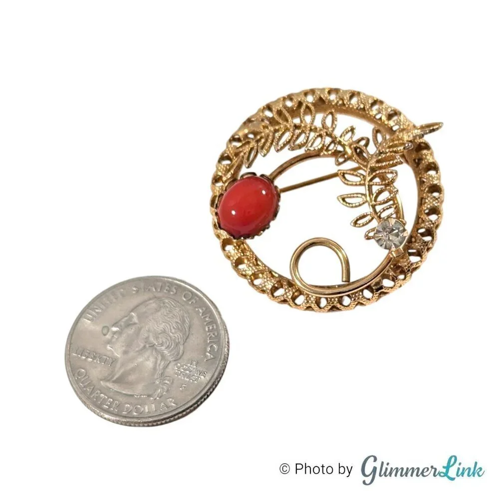 VTG Filigree Leaf Red Cabochon Gold Tone Clip On Earrings & Brooch Jewelry Set